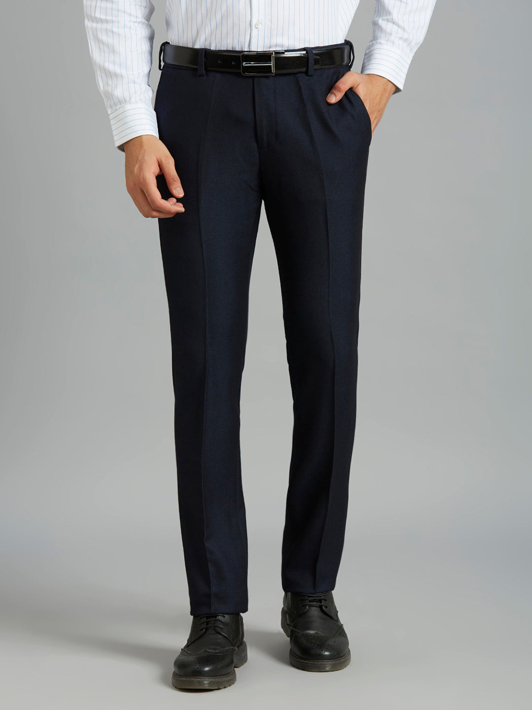 Navy Dobby Y/D Poly Viscose Elastane Auto Fit Formal Cross Pocket Trousers