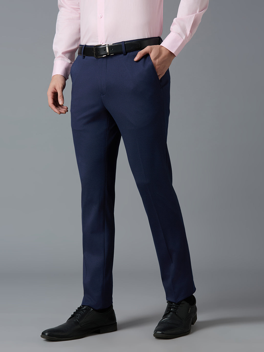 Blue Dobby Y/D Poly Viscose Elastane  Tailor Fit Formal Cross Pocket Trousers