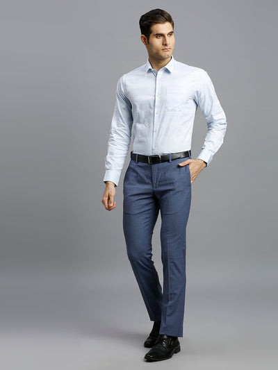Light Blue Milange Plain Wool Blend With Elastane Auto Fit Formal Cross Pocket Trouser