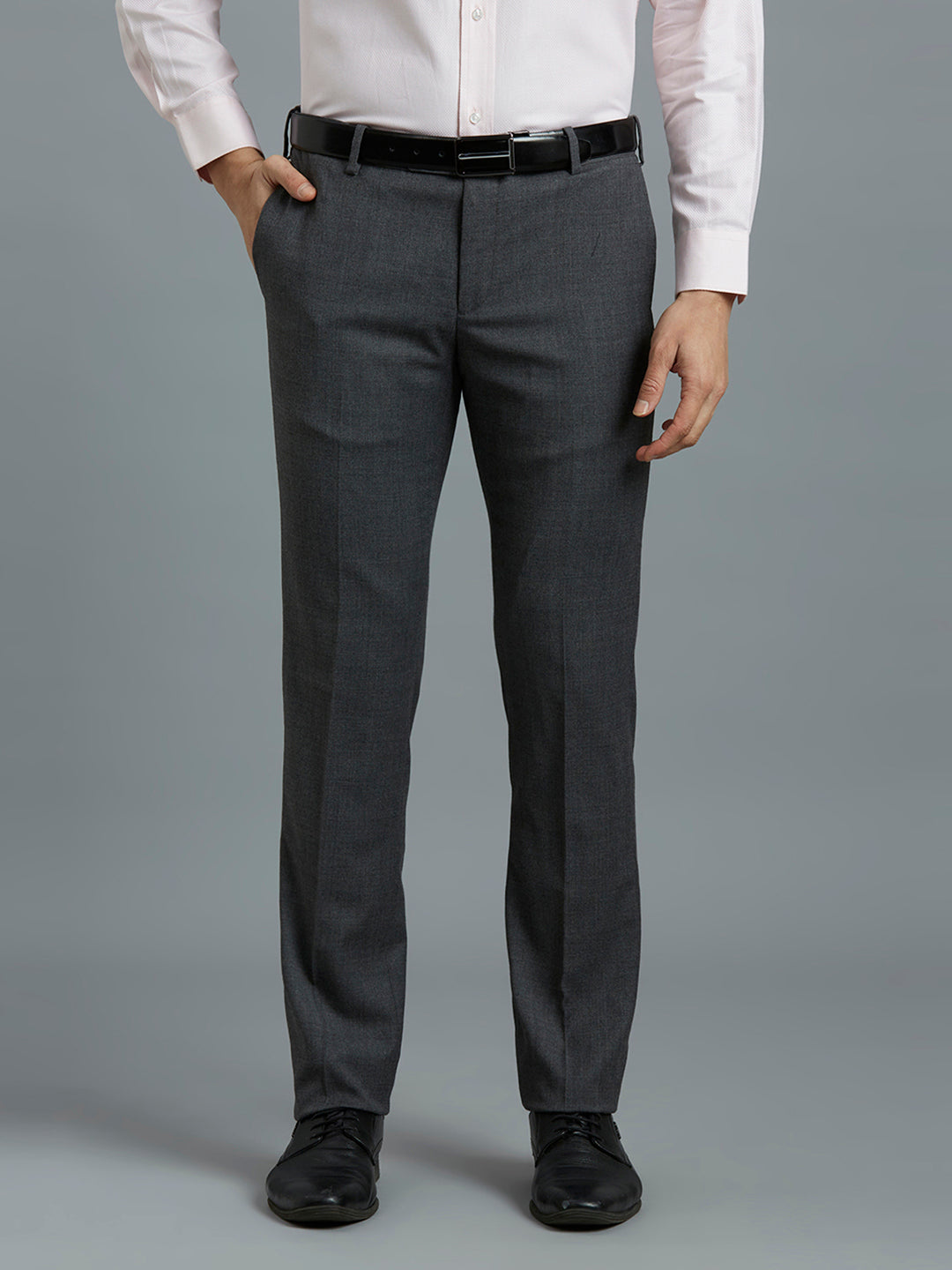 Med Grey Milange Plain Wool Blend With Elastane Auto Fit Formal Cross Pocket Trouser