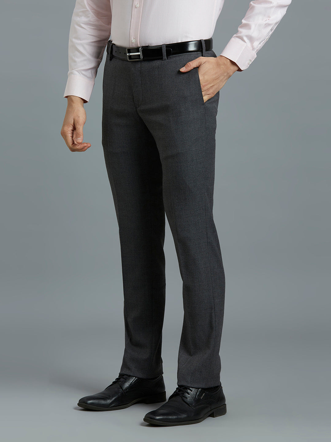 Med Grey Milange Plain Wool Blend With Elastane Auto Fit Formal Cross Pocket Trouser