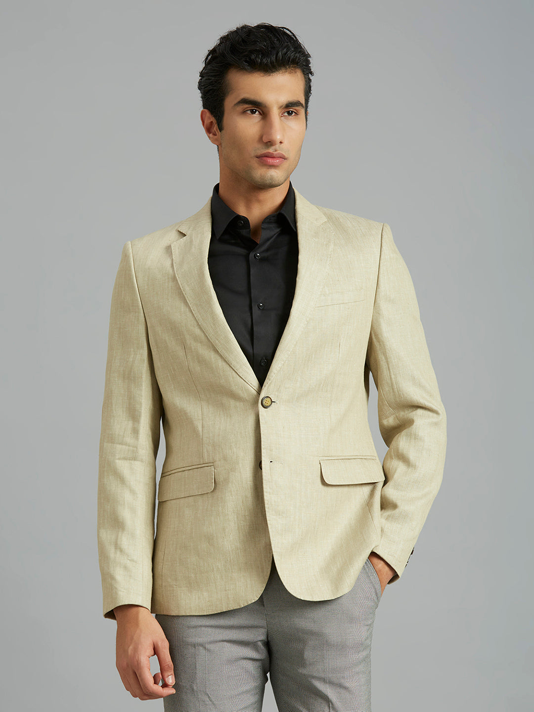 Beige Plain 100% Linen Tailor Fit Formal Full Sleeve Blazer