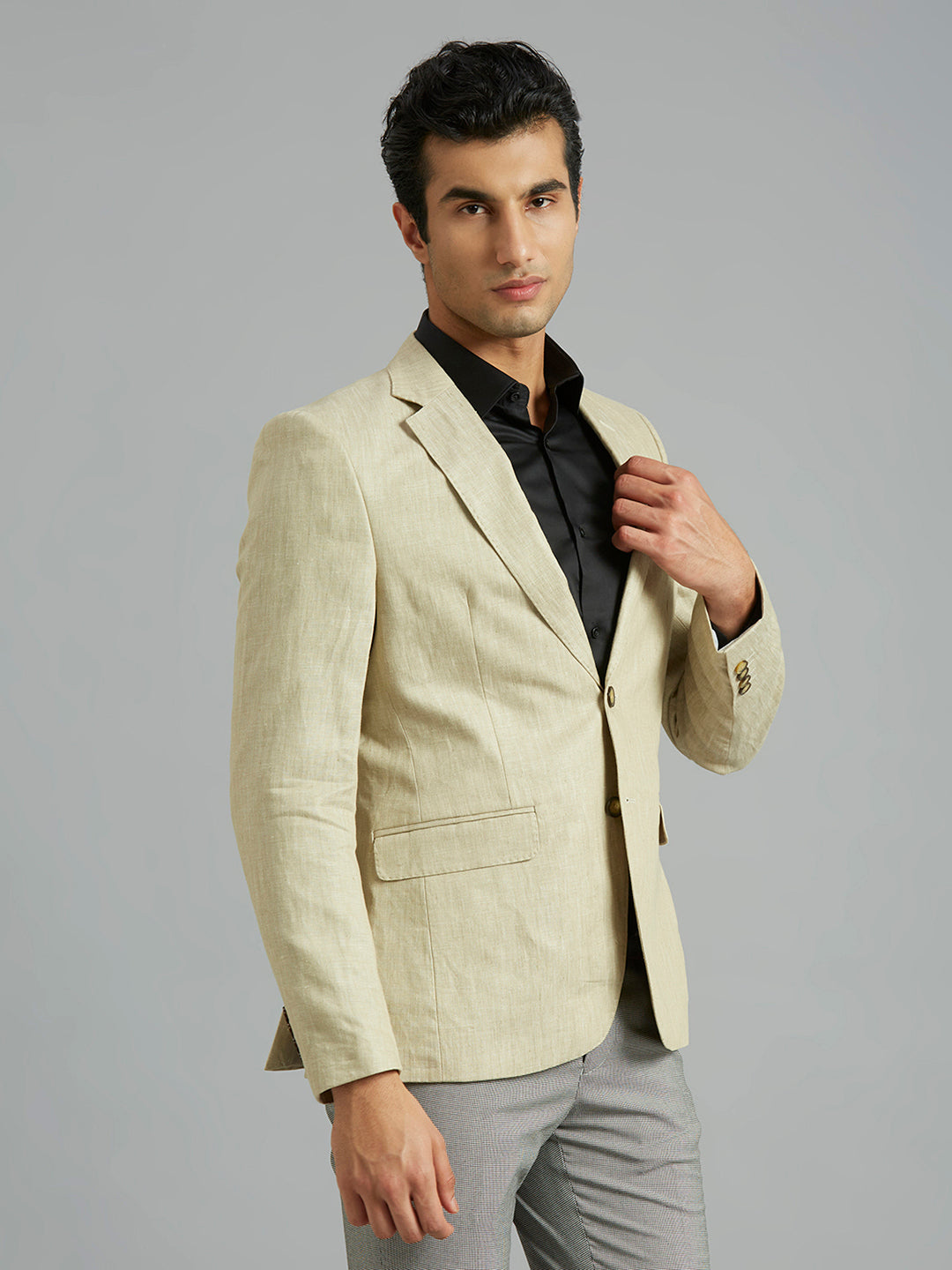 Beige Plain 100% Linen Tailor Fit Formal Full Sleeve Blazer