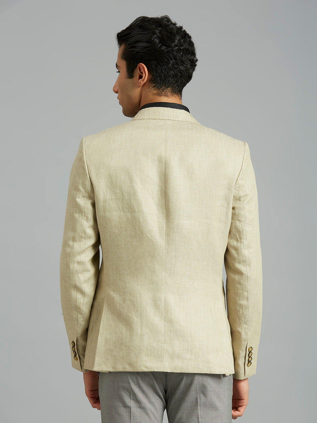 Beige Plain 100% Linen Tailor Fit Formal Full Sleeve Blazer