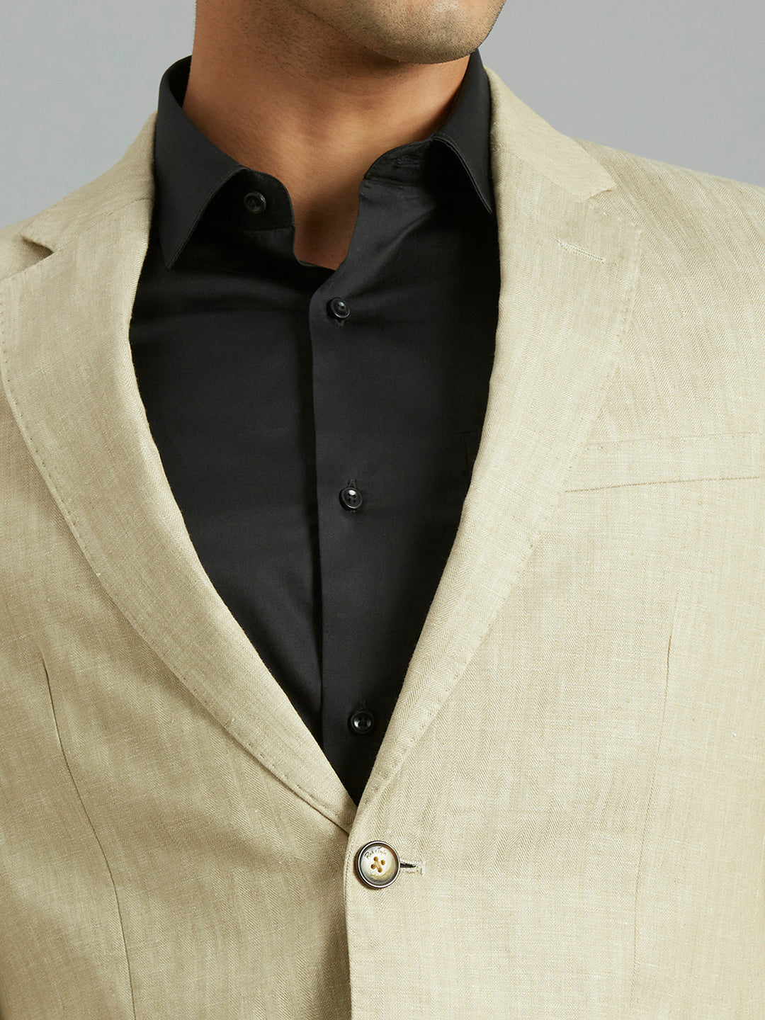 Beige Plain 100% Linen Tailor Fit Formal Full Sleeve Blazer