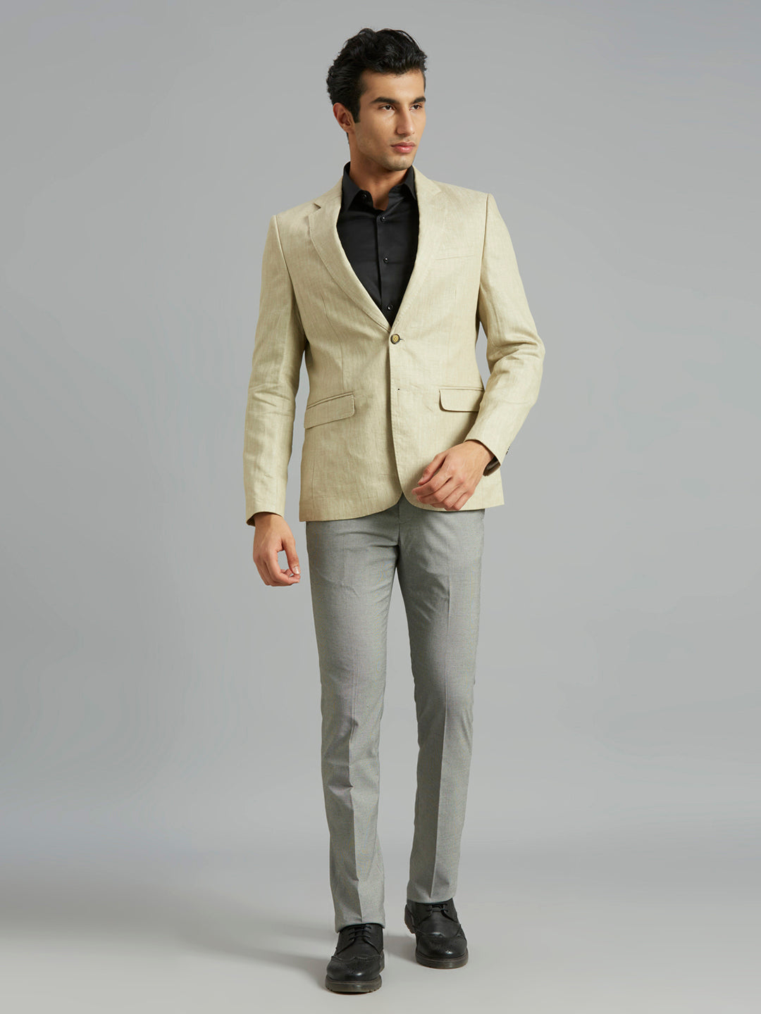 Beige Plain 100% Linen Tailor Fit Formal Full Sleeve Blazer