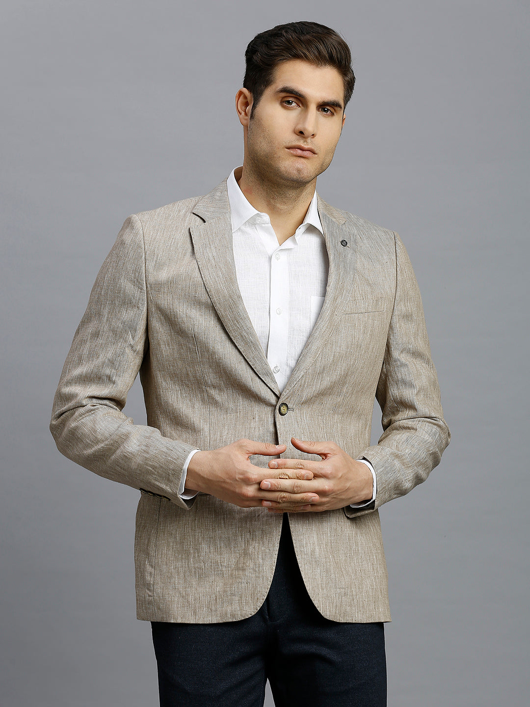 Dark Beige Plain 100% Linen Tailor Fit Formal Full Sleeve Blazer