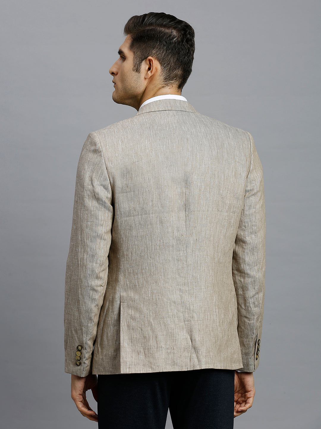 Dark Beige Plain 100% Linen Tailor Fit Formal Full Sleeve Blazer