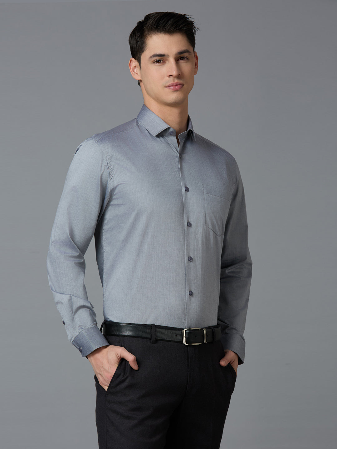 Grey Solid 100% Cotton Regular Fit Formal Essential Full Sleeve Shirt