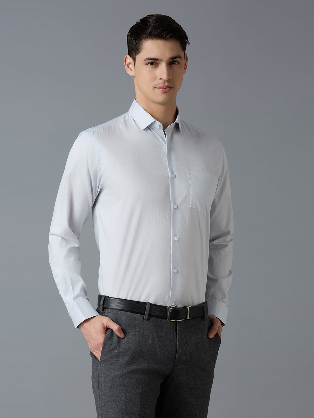 Light Grey Solid 100% Cotton Regular Fit Formal Essential Full Sleeve Shirt