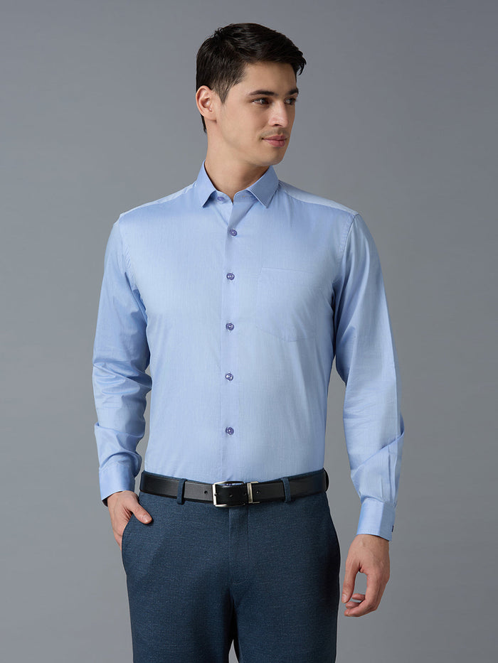Men's Pure Cotton Plain Regular Fit Full Sleeve Formal Shirt - Blue