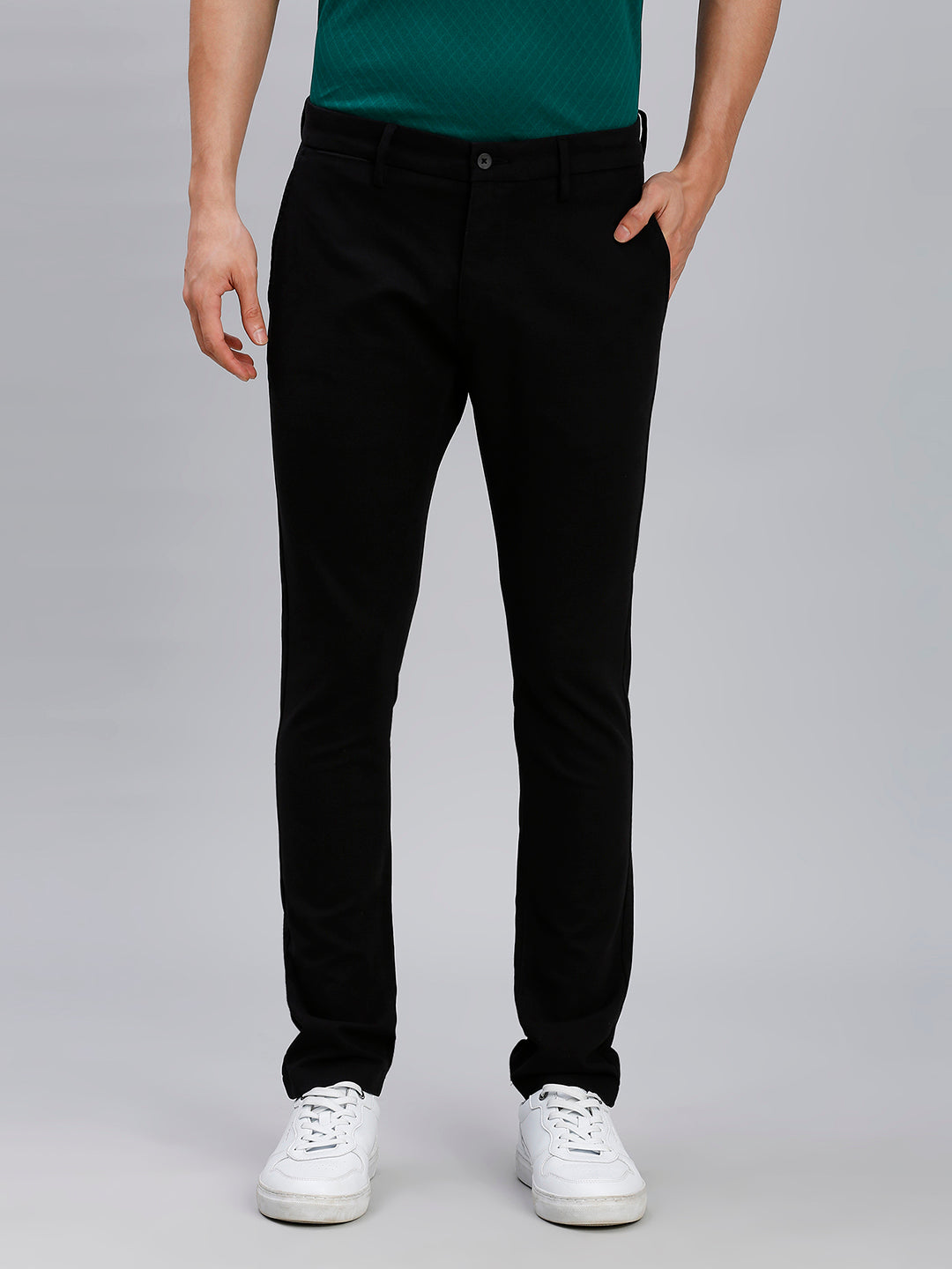 Black Plain Cotton Elastane Tailor Fit Casual Cross Pocket Chino