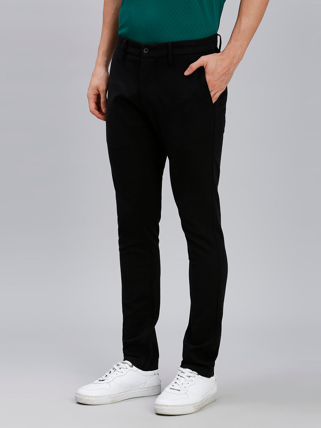 Black Plain Cotton Elastane Slim Fit Casual Cross Pocket Chino