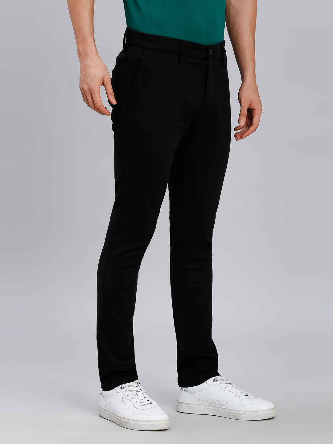 Black Plain Cotton Elastane Slim Fit Casual Cross Pocket Chino