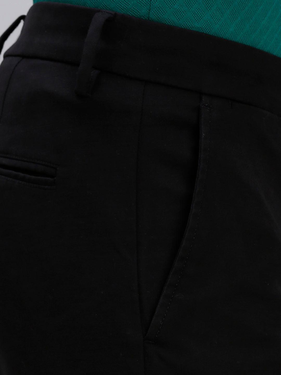 Black Plain Cotton Elastane Slim Fit Casual Cross Pocket Chino