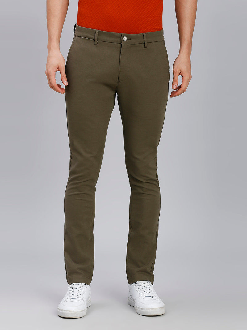 Olive Plain Cotton Elastane Slim Fit Casual Cross Pocket Chino