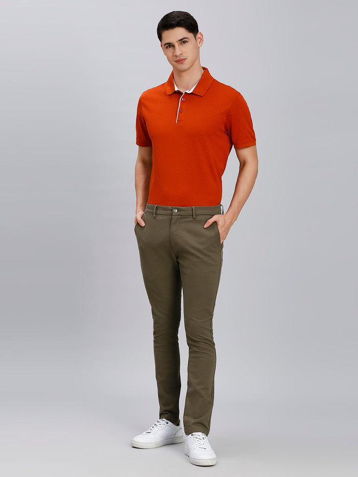 Olive Plain Cotton Elastane Slim Fit Casual Cross Pocket Chino