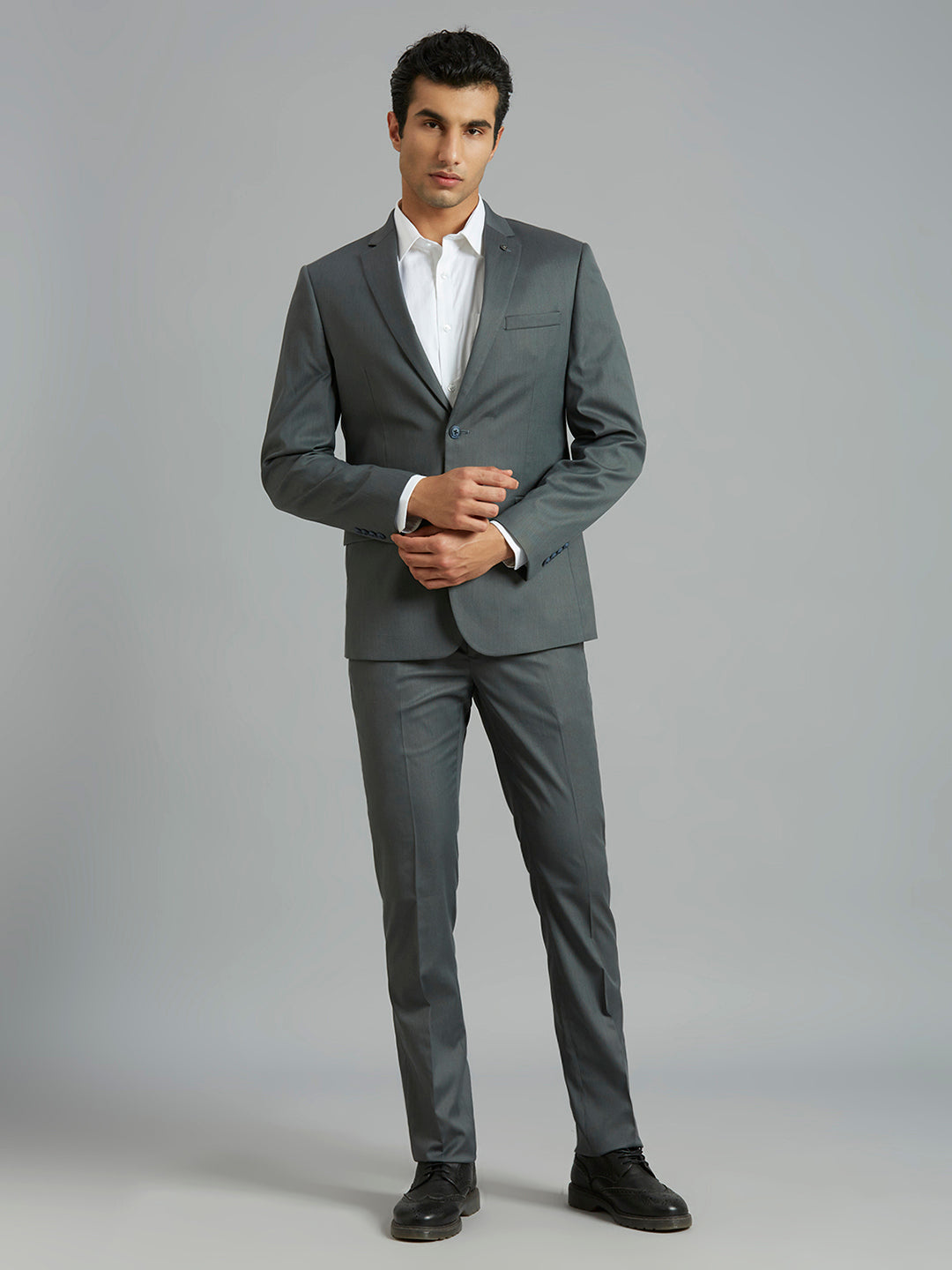 Grey Dobby Y/D Poly Viscose Elastane Tailor Fit Formal Full Sleeve Blazers