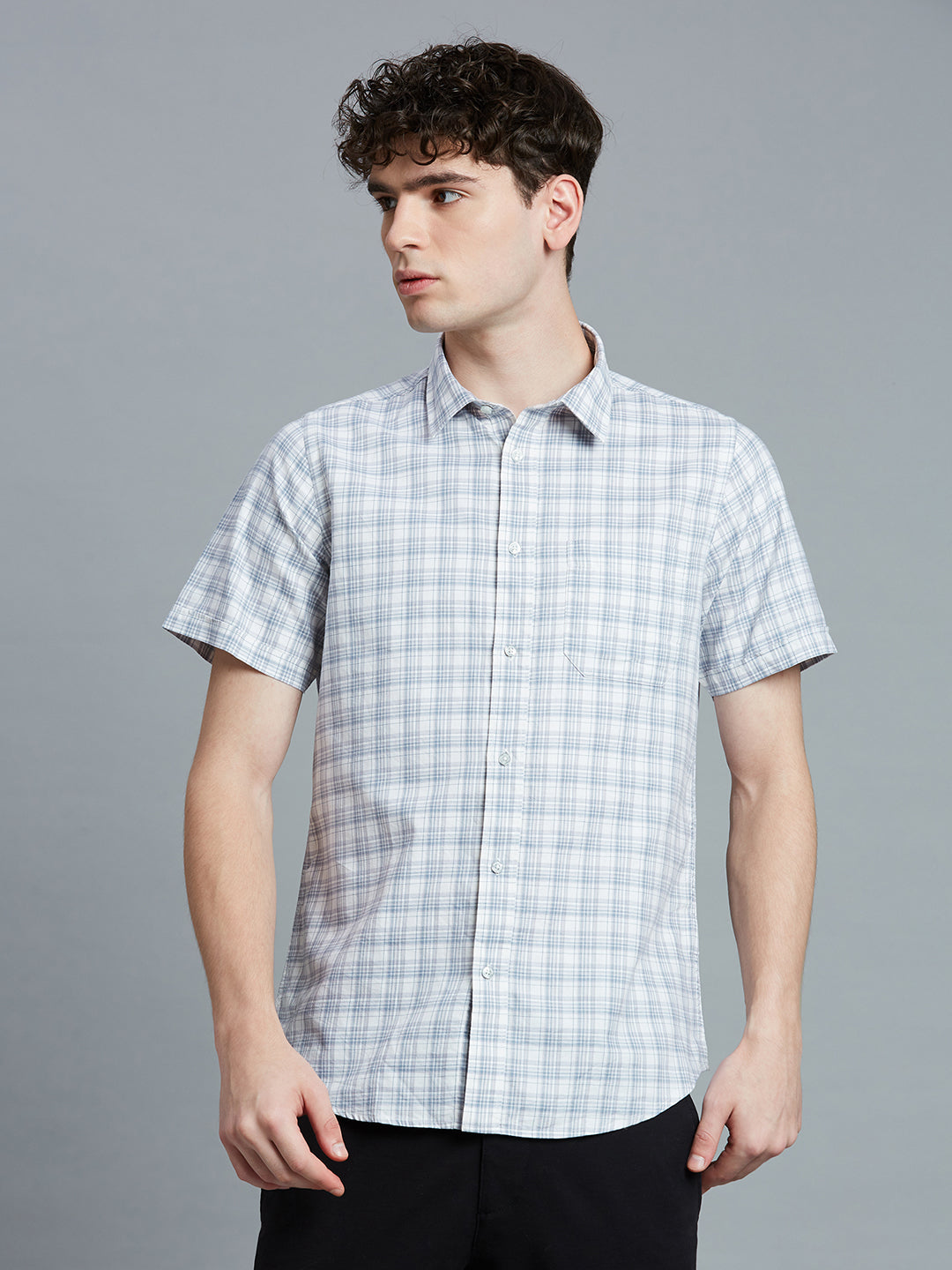 Grey & White Checks 100% Cotton Slim Fit Casual Half Sleeve Shirt