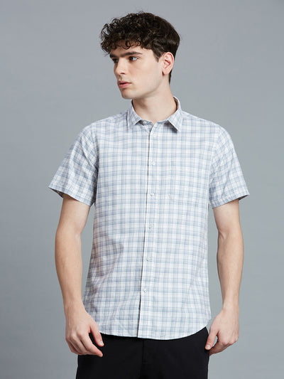 Grey & White Checks 100% Cotton Slim Fit Casual Half Sleeve Shirt