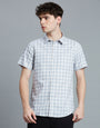 Grey & White Checks 100% Cotton Slim Fit Casual Half Sleeve Shirt