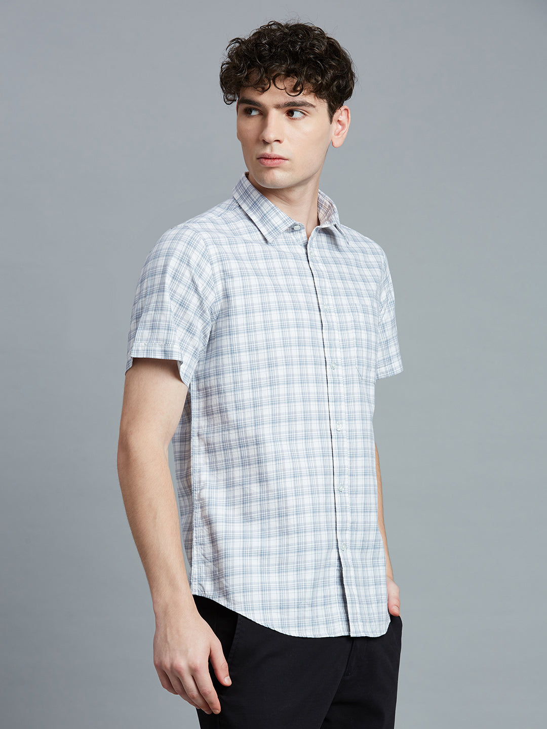 Grey & White Checks 100% Cotton Slim Fit Casual Half Sleeve Shirt