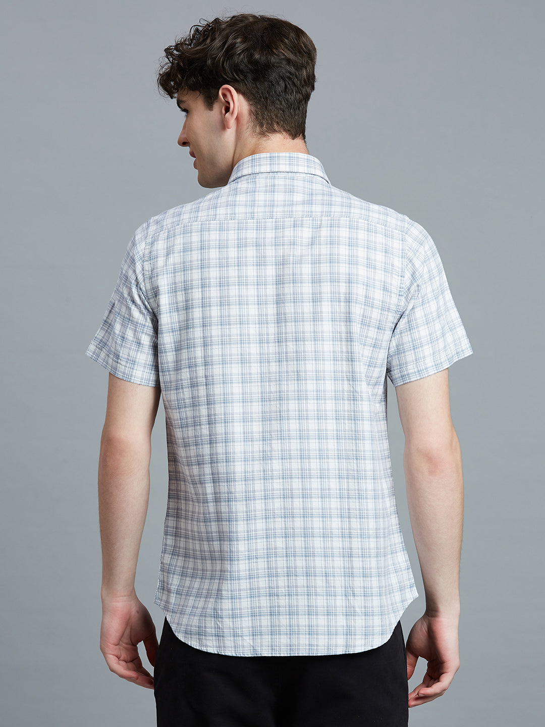 Grey & White Checks 100% Cotton Slim Fit Casual Half Sleeve Shirt