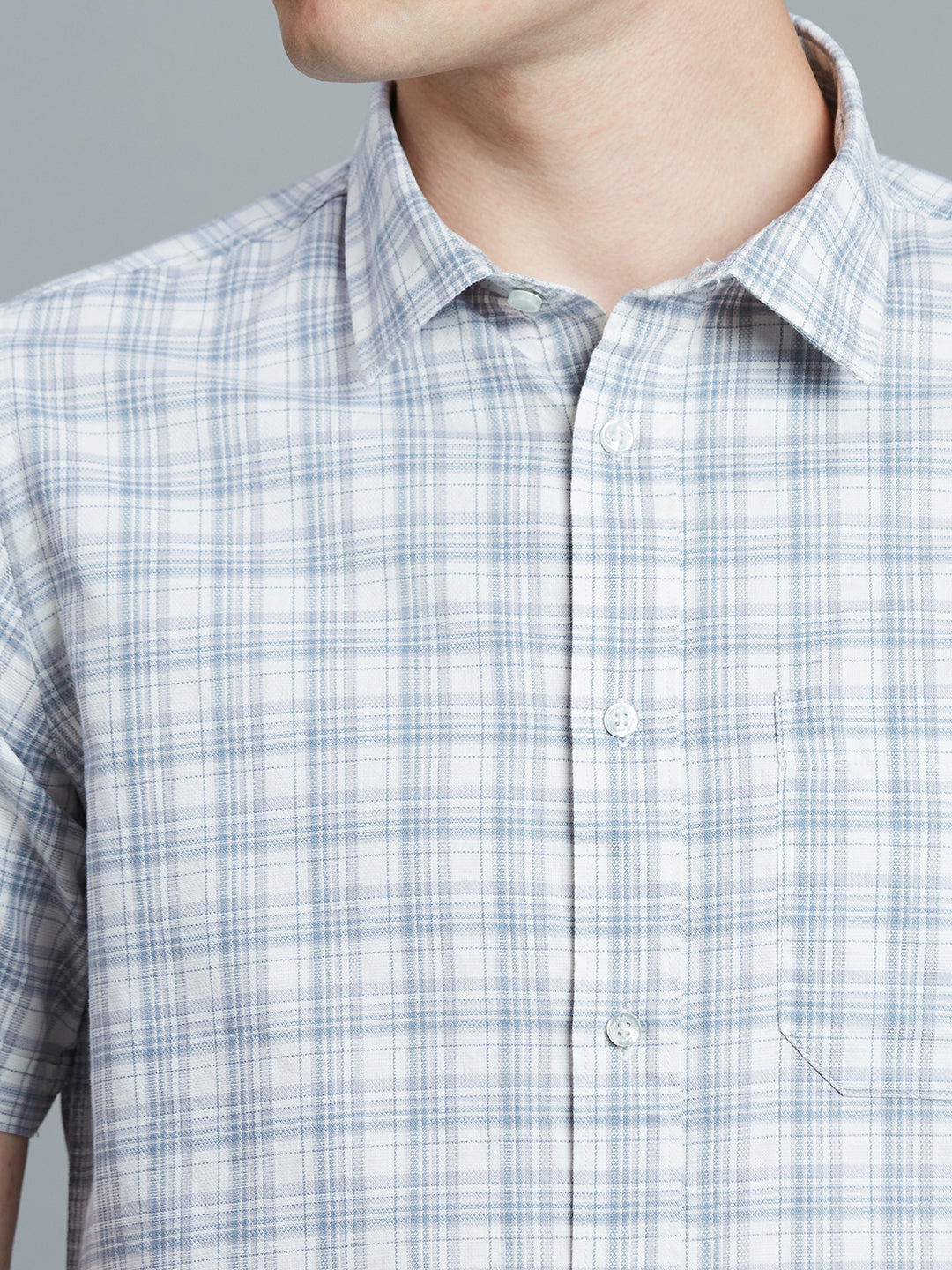 Grey & White Checks 100% Cotton Slim Fit Casual Half Sleeve Shirt