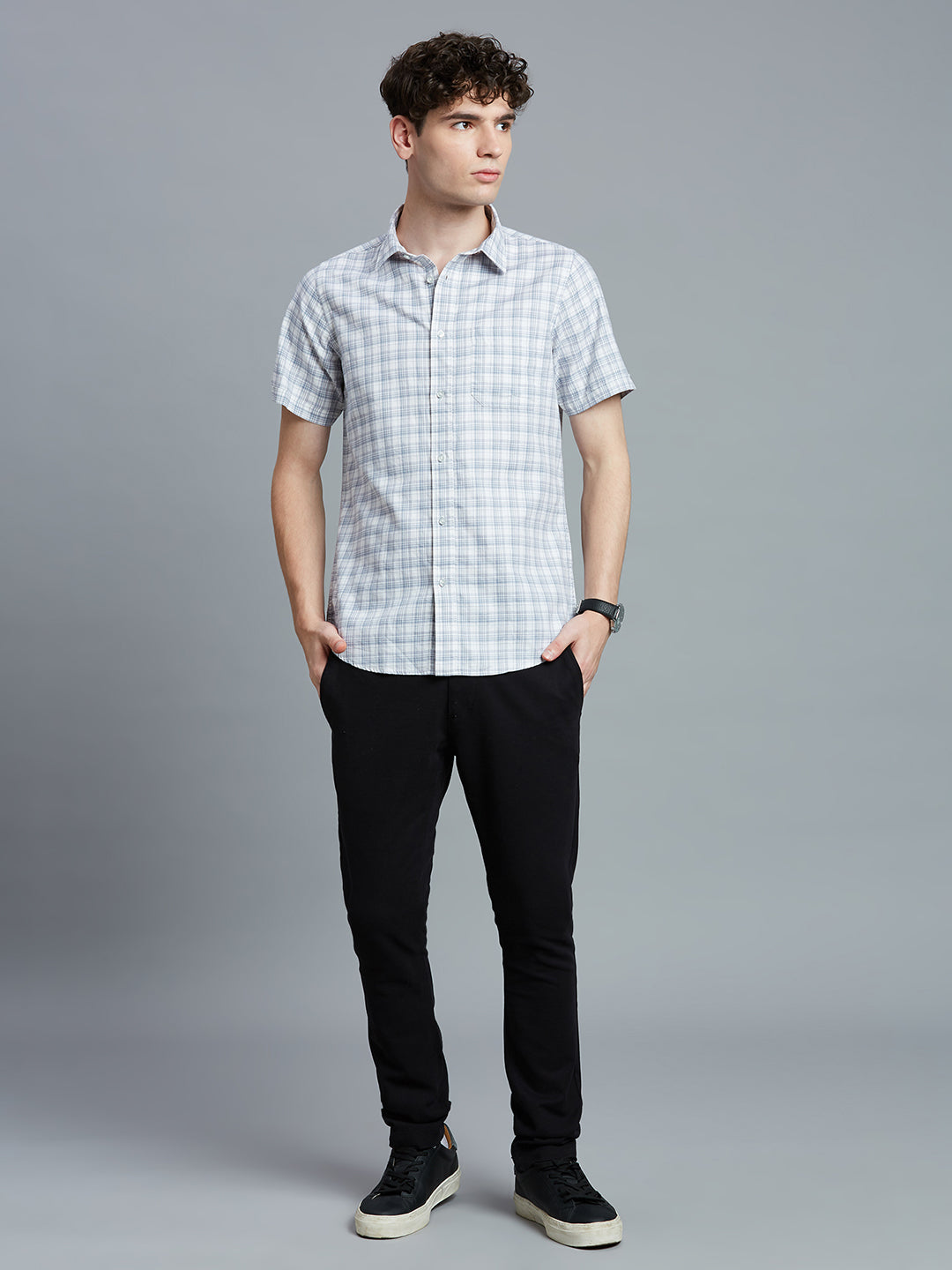 Grey & White Checks 100% Cotton Slim Fit Casual Half Sleeve Shirt