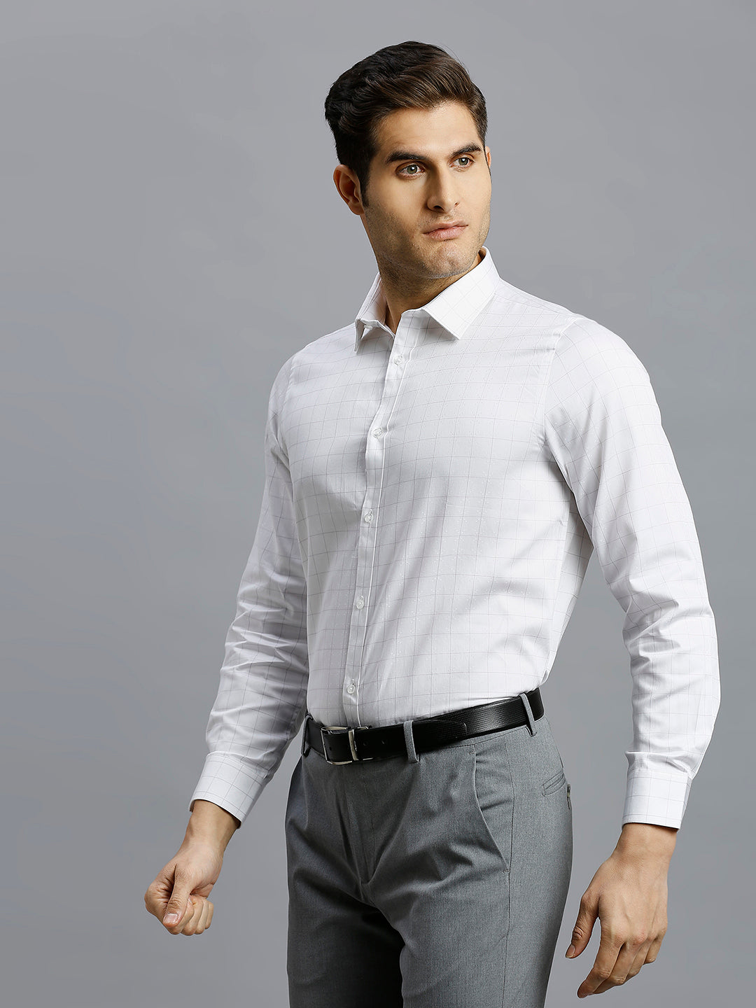 White & Grey Checks 100% Cotton Slim Fit Formal Full Sleeve Shirts