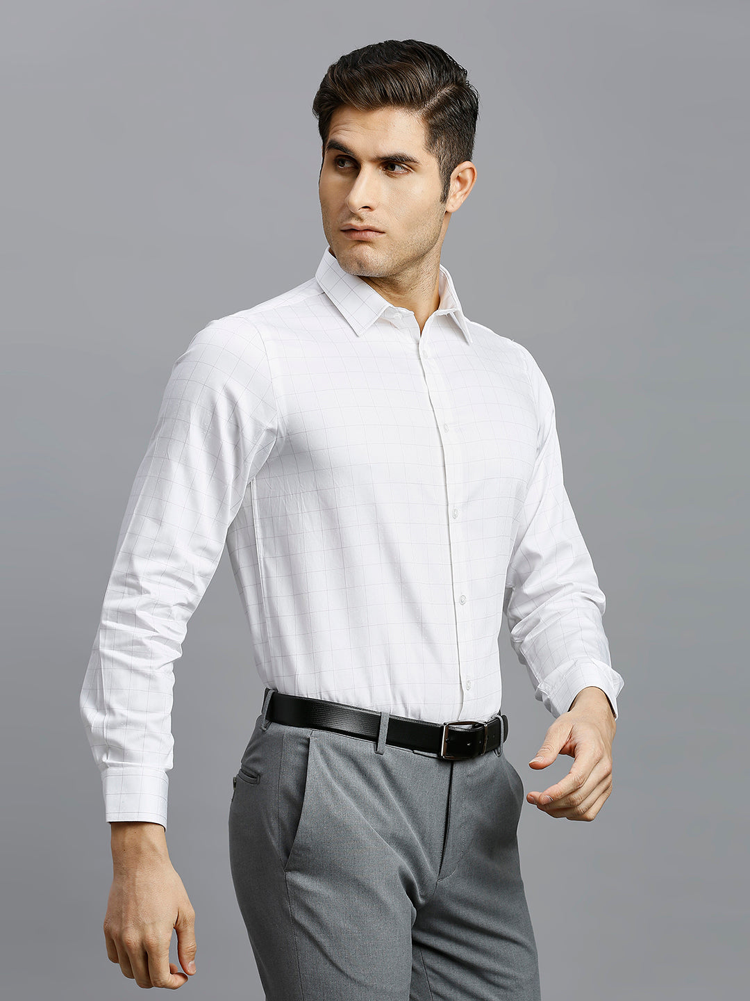 White & Grey Checks 100% Cotton Slim Fit Formal Full Sleeve Shirts