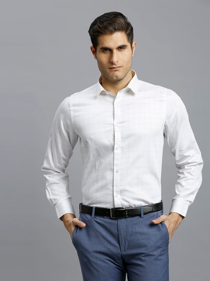 Men's Pure Cotton Checks Slim Fit Full Sleeve Formal Shirt - White & Blue