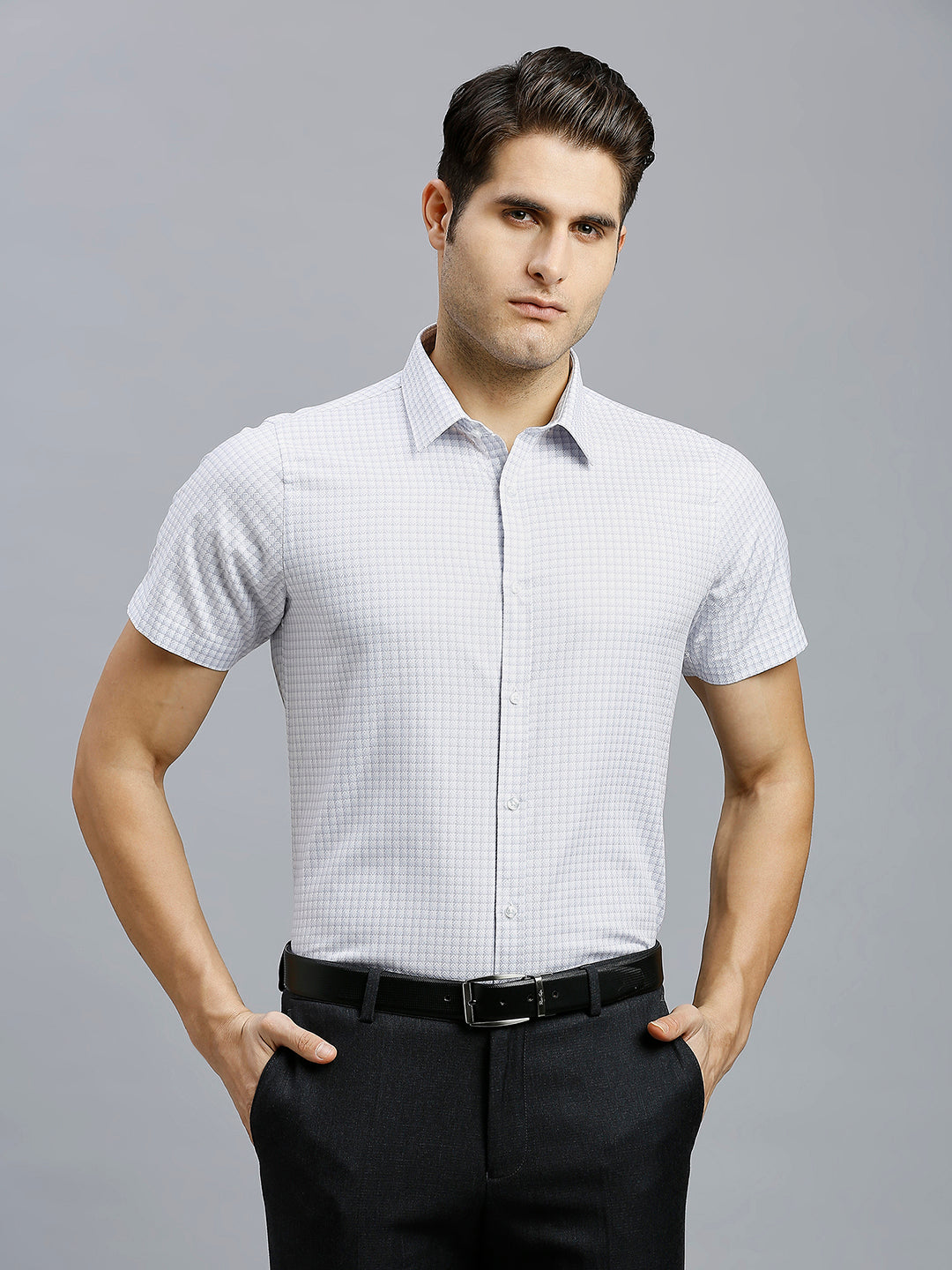 White & Grey Checks 100% Cotton Slim Fit Formal Half Sleeve Shirt