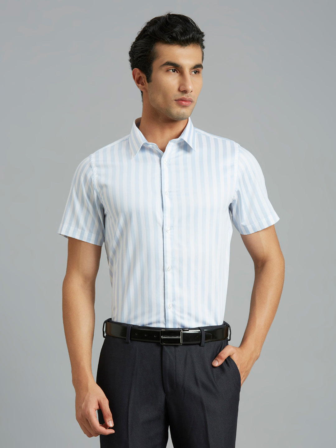 White & Sky Stripe 100% Cotton Slim Fit Formal Half Sleeve Shirt