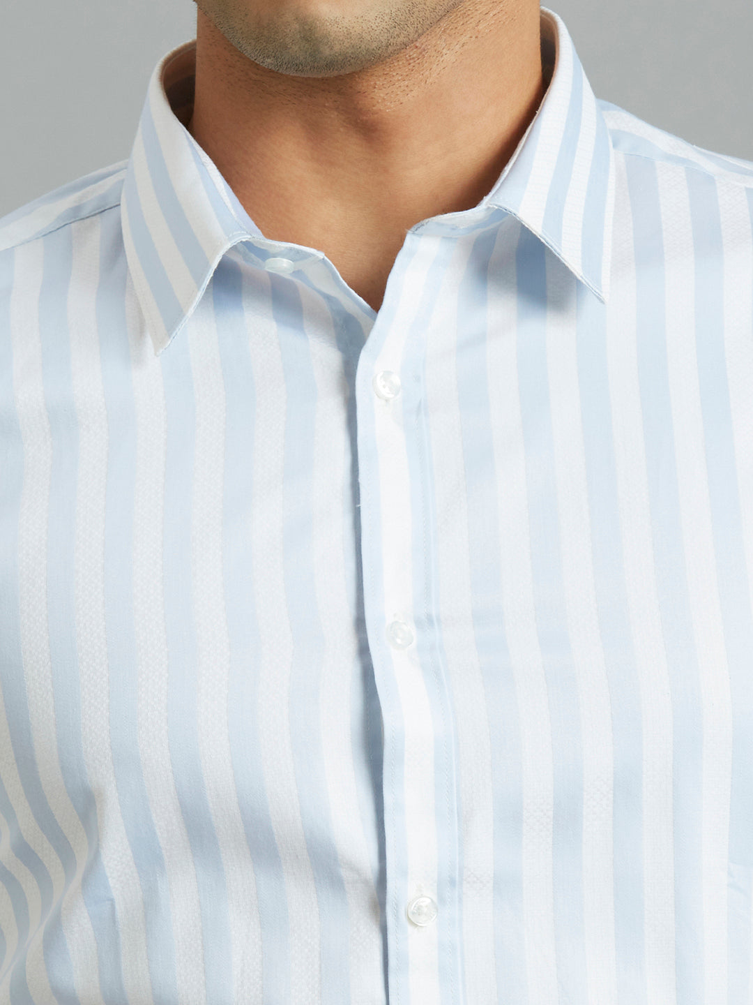 White & Sky Stripe 100% Cotton Slim Fit Formal Half Sleeve Shirt