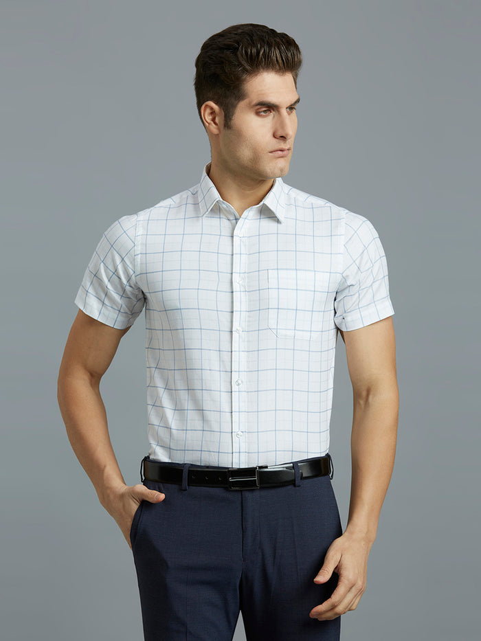 Men's Pure Cotton Checks Regular Fit Half Sleeve Formal Shirt - White & Blue