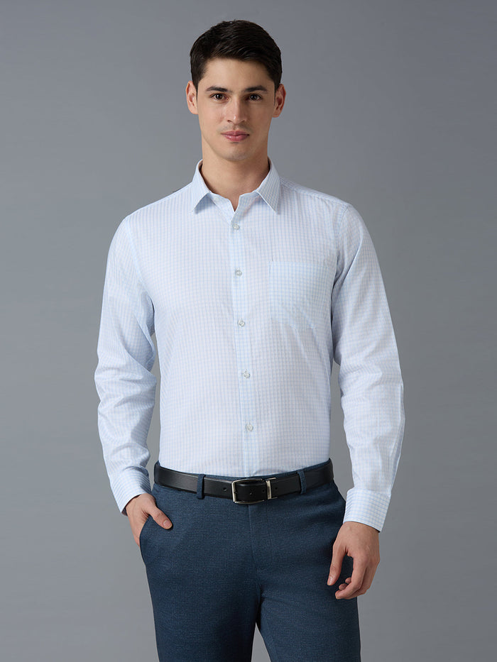 Men's Pure Cotton Checks Regular Fit Full Sleeve Formal Shirt - White & Blue