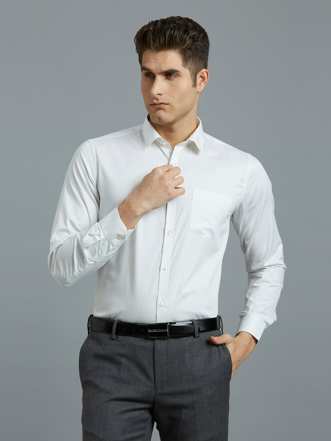 Grey Stripe 100% Cotton Regular Fit Formal Full Sleeve Shirt