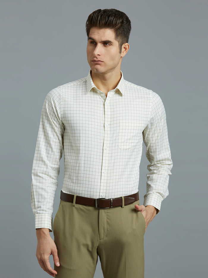 Men's Pure Cotton Checks Slim Fit Full Sleeve Formal Shirt - White & Green
