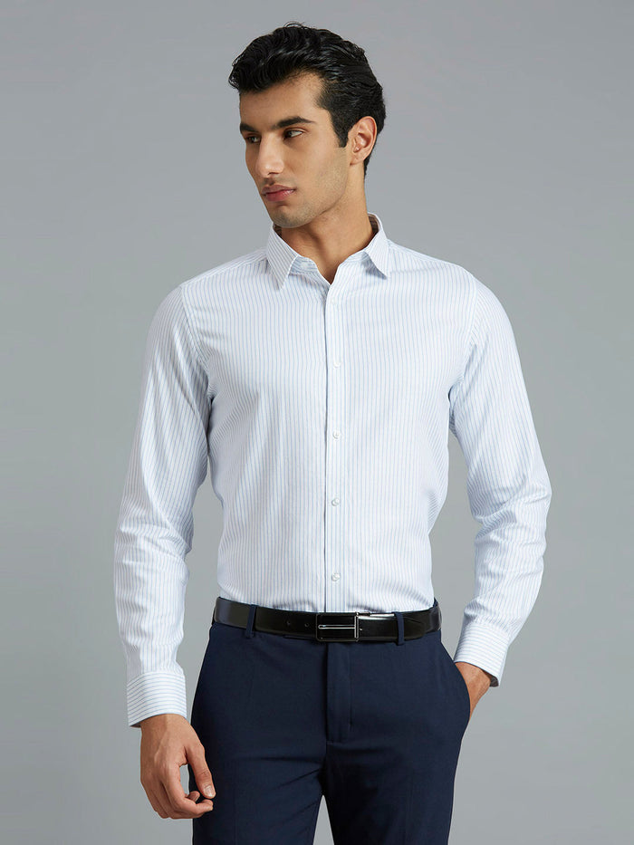 Men's Pure Cotton Stripe Stripe Slim Fit Full Sleeve Formal Shirt - White & Blue