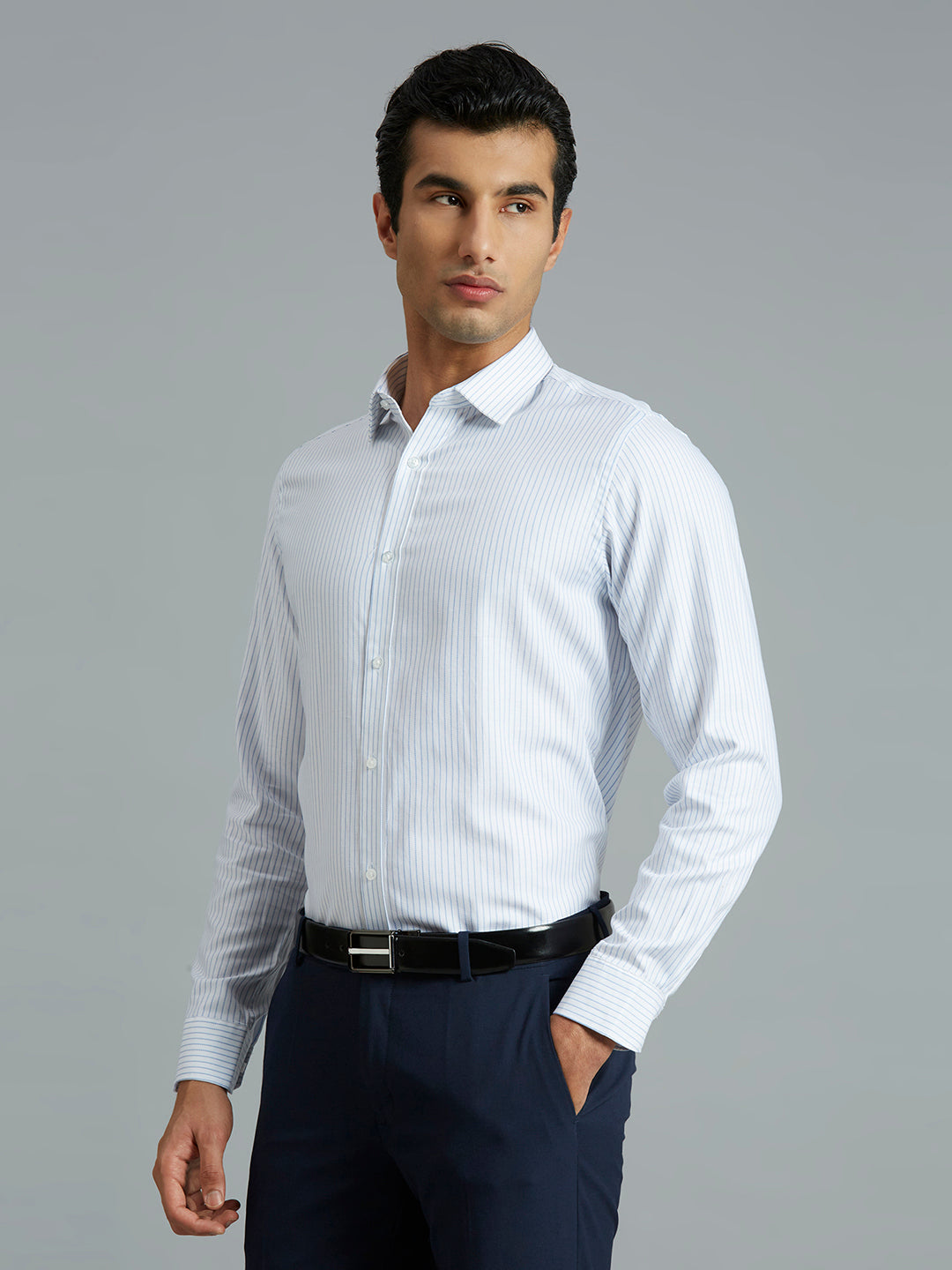 White & Blue Stripe 100% Cotton Slim Fit Formal Full Sleeve Shirt