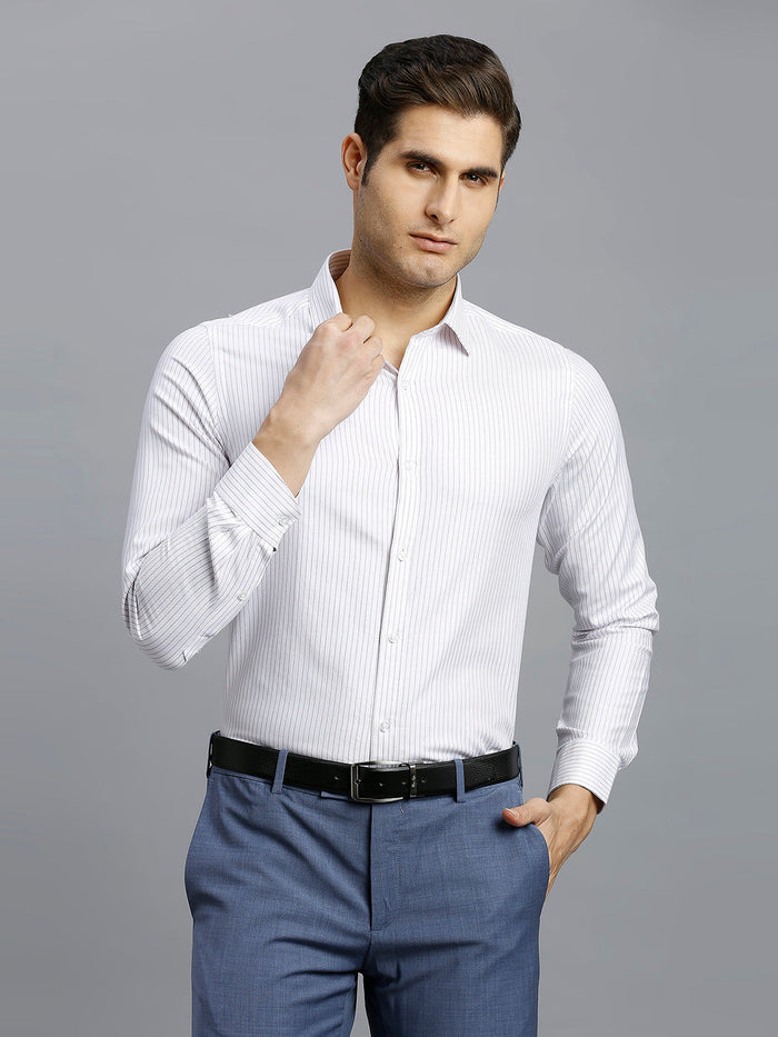 Men's Pure Cotton Stripe Stripe Slim Fit Full Sleeve Formal Shirt - White & Blue