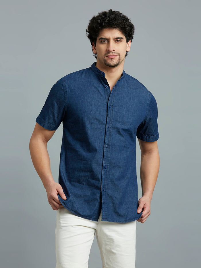 Men's Pure Cotton Denim Slim Fit Half Sleeve Casual Shirt - Dark Blue