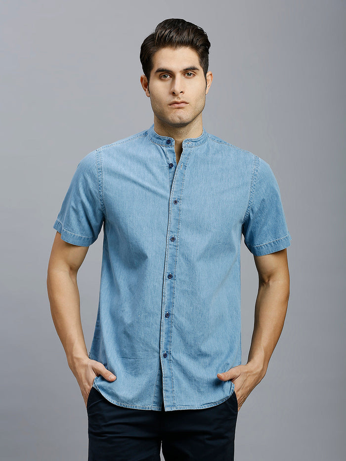 Men's Pure Cotton Denim Slim Fit Half Sleeve Casual Shirt - Light Blue