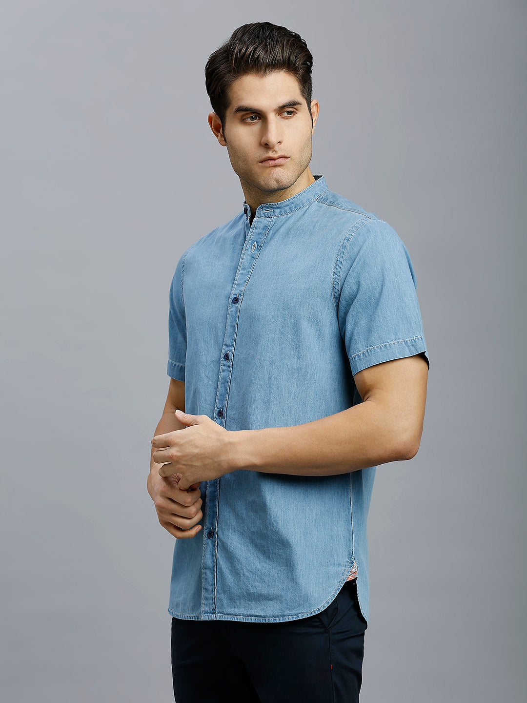 Light Blue Denim 100% Cotton Slim Fit Casual Half Sleeve Shirt