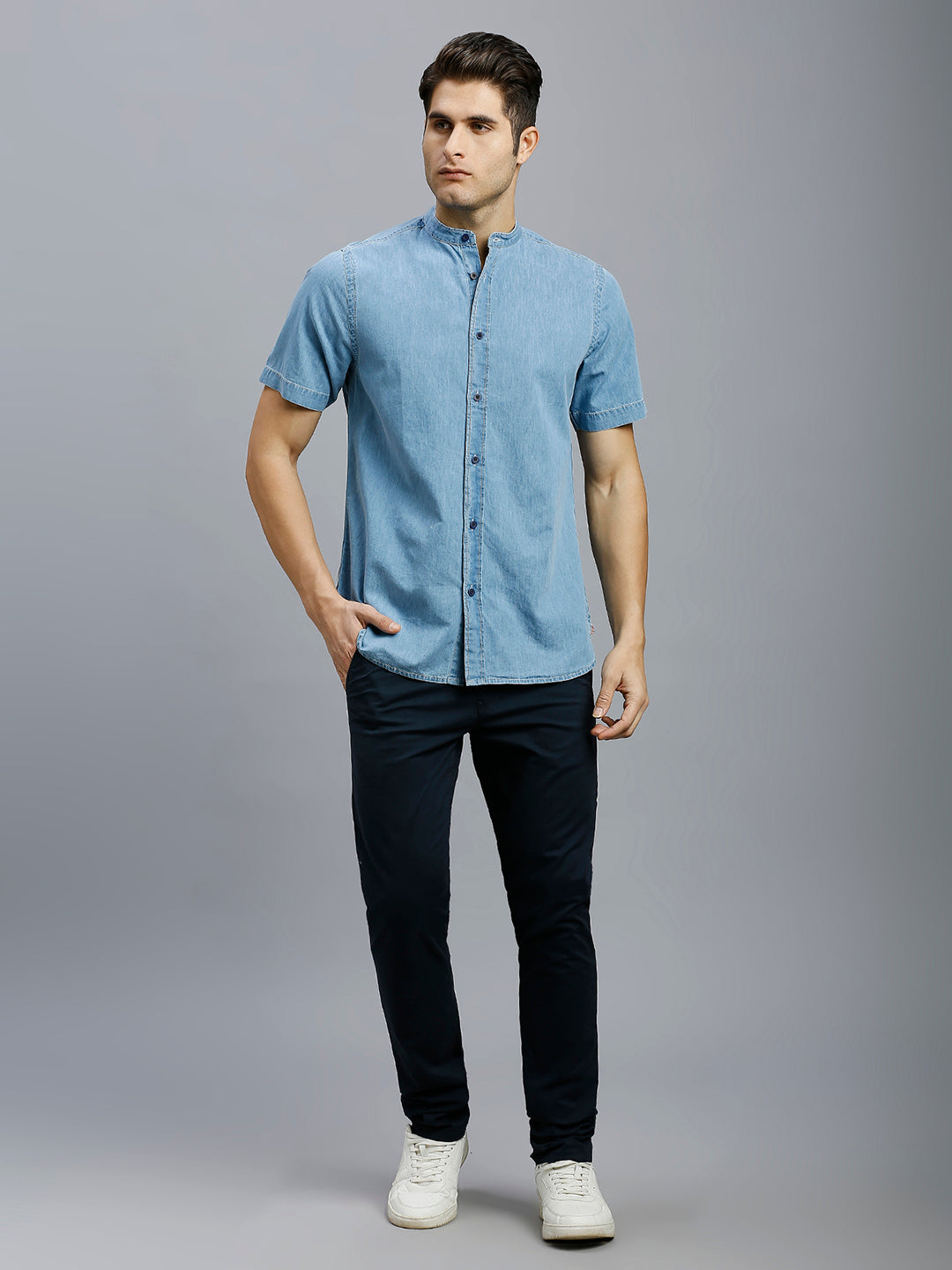 Light Blue Denim 100% Cotton Slim Fit Casual Half Sleeve Shirt