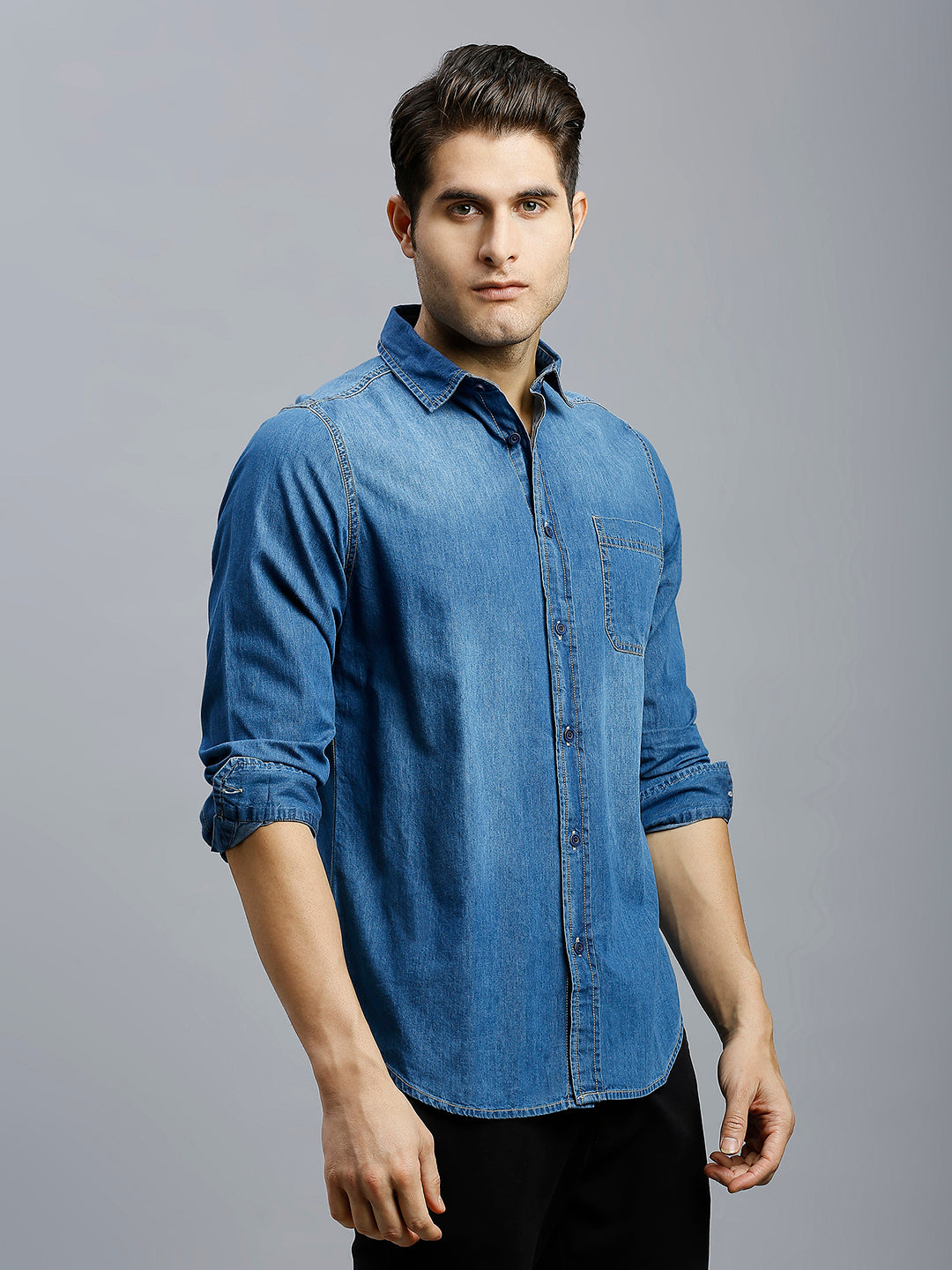 Dark Blue Denim 100% Cotton Slim Fit Casual Full Sleeve Shirt
