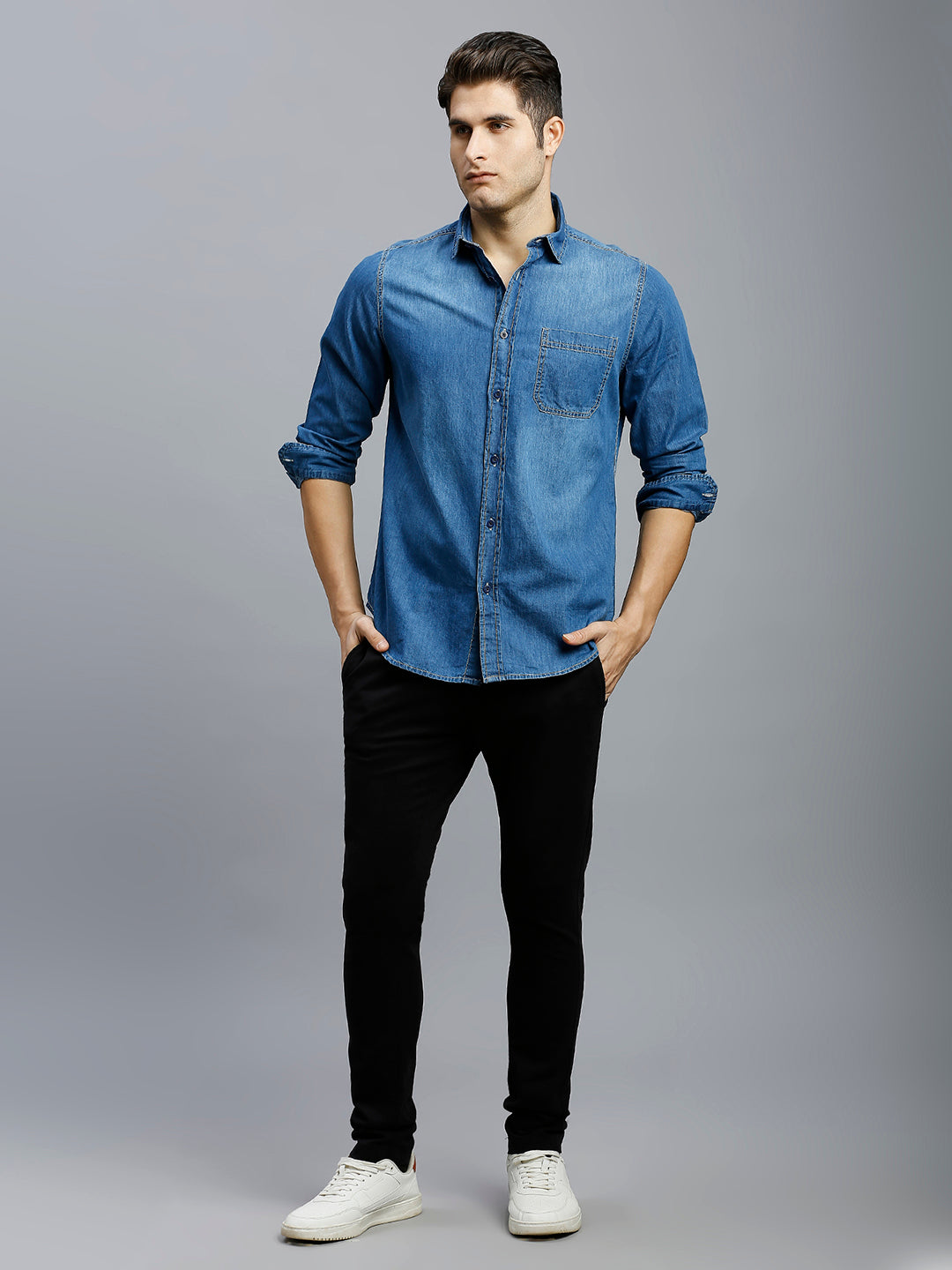 Dark Blue Denim 100% Cotton Slim Fit Casual Full Sleeve Shirt