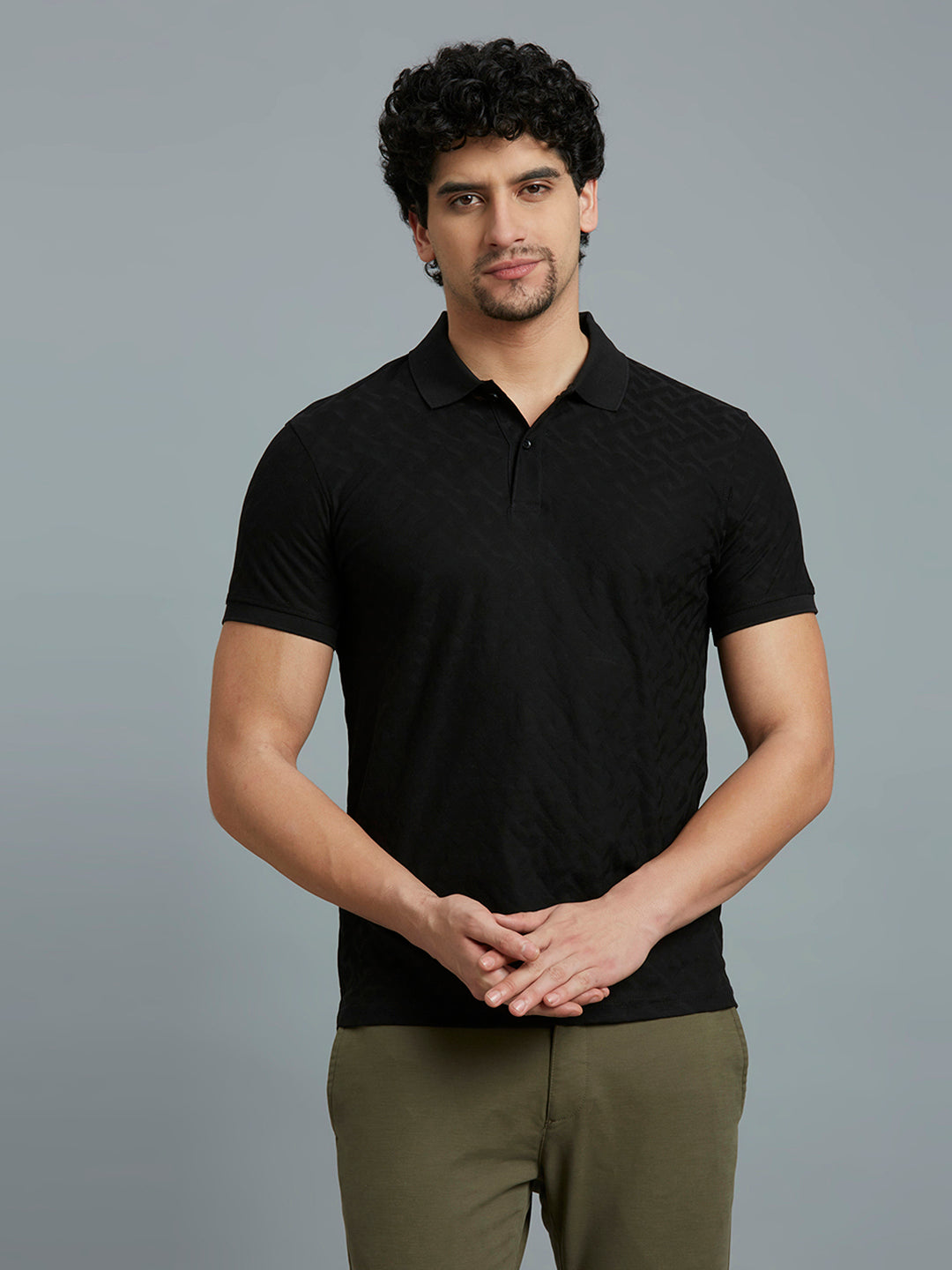 Black Jacquard 100% Cotton Slim Fit Casual Half Sleeve T-Shirt