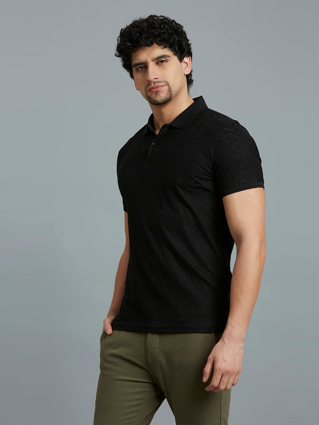 Black Jacquard 100% Cotton Slim Fit Casual Half Sleeve T-Shirt